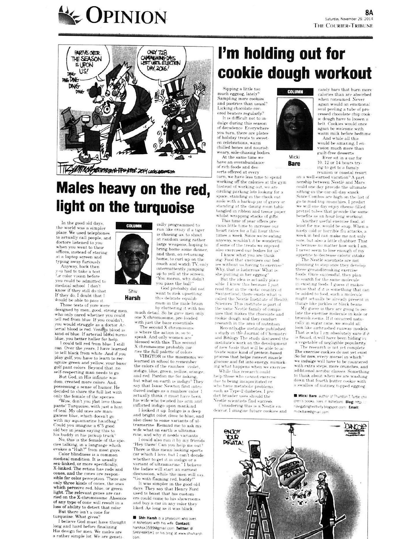 Original newspaper clipping of the column “Males heavy on the red, light on the turquoise” from The Courier-Tribune
